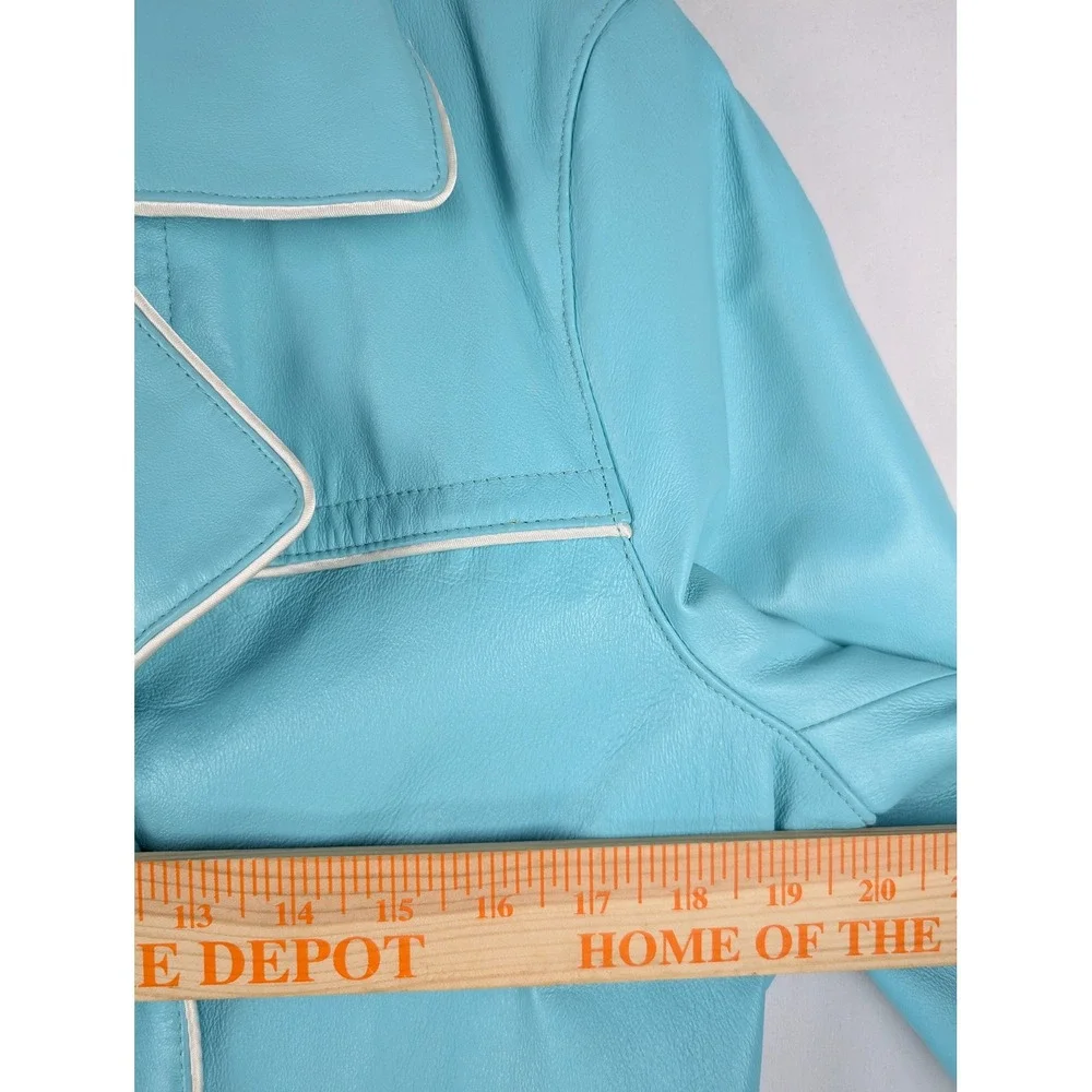 Wilsons Leather Maxima Trench Coat Womens L Turquoise Blue Leather Belted Jacket - Picture 6 of 10